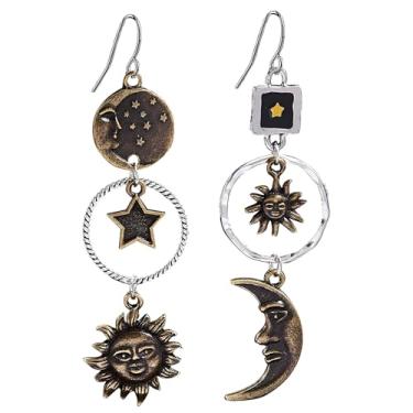 Imagem de Dreuyet Brincos vintage com pingente de sol e lua estrela para mulheres, mitologia grega antiga, brincos assimétricos, boêmio, retrô, presentes celestiais, joias de declaração, Middle, Latão, Sem