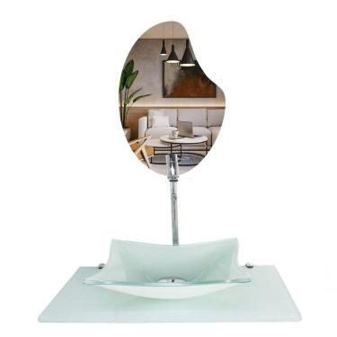 Imagem de Kit Cuba De Vidro Para Banheiro Tampo 50cm Branco Full Suporte Com Espelho Luxo Ekasa