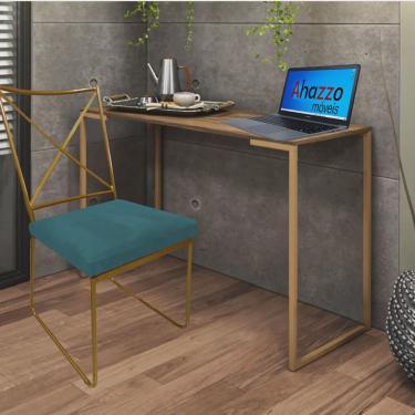 Imagem de Kit Escritório Clark Cadeira e Mesa Industrial Ferro Dourado Tampo mdf Ambar Suede Azul Turquesa - Ahz Móveis