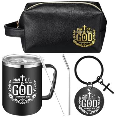Imagem de Skylety 3 peças de presentes cristãos do Homem de Deus, inclui caneca de café de 500 ml com tampa e alça bolsa de viagem de couro, chaveiro cruzado, presentes de batismo religioso inspirador para pai