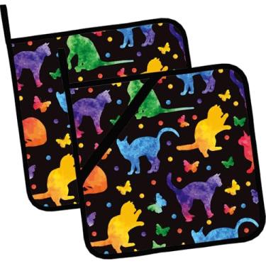 Imagem de Porta-panelas coloridas com silhueta de gato, 2 peças, almofadas quentes resistentes ao calor para cozinhar, grelhar, assar, churrasco, suporte de panela para mulheres, cozinhar, casa, micro-ondas