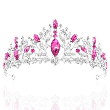 Imagem de TAROSE Coroas de prata e rosa para mulheres e meninas, tiaras de cristal para mulheres, coroa de rainha com strass rosa, acessórios de cabelo para noiva/Halloween/formatura/aniversário/festa/cosplay