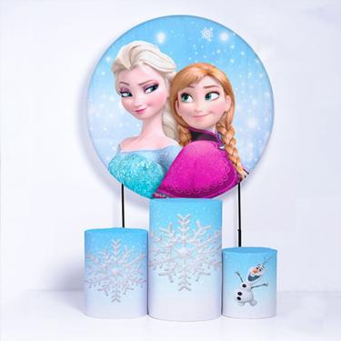 Imagem de Kit Painel de Festa Redondo de 1,80m e Trio de Cilindros Frozen- Fera Print