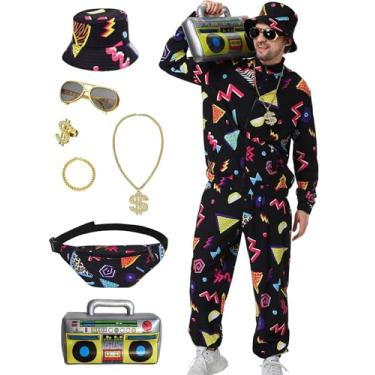 Imagem de Deaboat Roupa masculina retrô dos anos 80 e 90, fantasia de Halloween, hip hop, roupa esportiva, 9 peças, Preto-9 peças/conjunto, G