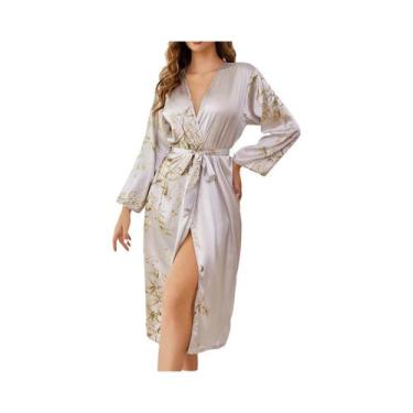 Imagem de Robe Feminino De Seda Com Estampa Floral, Ajuste Solto, Manga Comprida