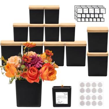 Imagem de CONNOO Pacote com 12 frascos quadrados de 255 g, 85 g para fazer velas, recipientes vazios de vidro grosso com tampas de bambu herméticas para fabricação de velas, etiquetas de aviso adesivas – Pode