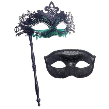 Imagem de Couple Masquerade Mask with Stick Women Men Mardi Gras Mask Costume Masks for Venetian Party Christmas Festival (Green)