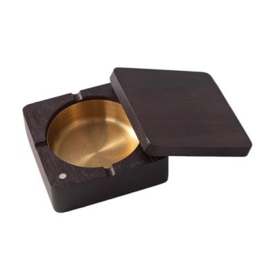 Imagem de Cinzeiro Quadrado com tampa cinzeiro de madeira cinzeiro de sucção magnética de aço inoxidável, para jardins de restaurante de escritório em casa etc. Cinzeiro de Mesa(Gold)