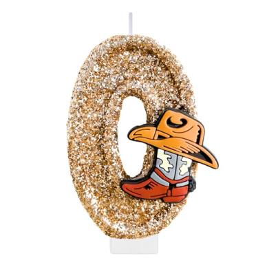 Imagem de Velas de número de aniversário para bolo, vela número 0 de caubói, decorações de bolo de rodeio para meninos, topo de bolo de chapéu, enfeite de cupcake de botas para decoração de festa de aniversário