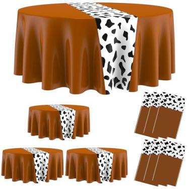 Imagem de Moukeren 6 peças de toalha de mesa com estampa de vaca 213 cm, redonda, lavável, capa de plástico, decorações de festa de aniversário para jantar em casa e piquenique (marrom)