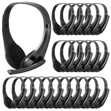 Imagem de Saysurey Pacote com 20 fones de ouvido para sala de aula com microfone a granel de 3,5 mm com conector ajustável para sala de aula, estudantes, computador, laptop, escritório, casa (preto)