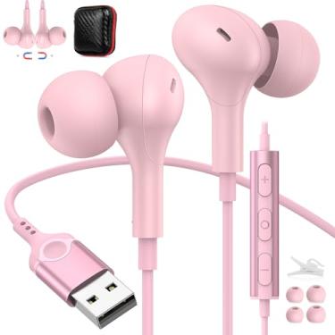 Imagem de Fone de ouvido USB com microfone para PC, fones de ouvido USB A, cabo de 2,5 m, fone de ouvido magnético intra-auricular, controle de áudio, função mudo para laptop, desktop, notebook, fone de ouvido