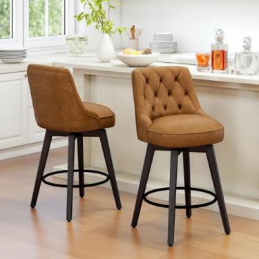 Imagem de Vipbear Conjunto de 2 bancos de bar modernos de 66 cm, bancos giratórios de altura com encosto alto, banqueta de bar estofada marrom, cadeira de bar com encosto alto, pernas de madeira para sala de