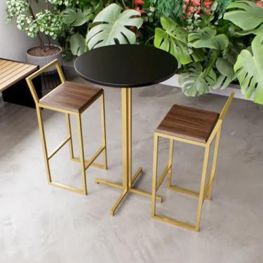 Imagem de Jogo Mesa Alta Bistrô Redonda Preta 2 Banquetas Imbuia Confort Industrial Dourado
