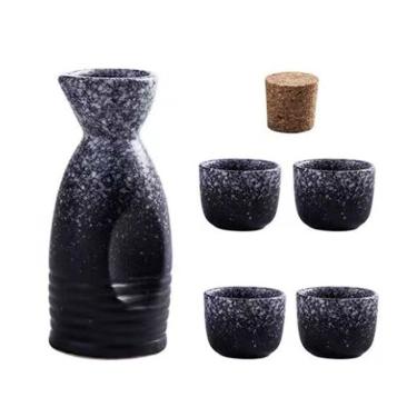 Imagem de Conjunto De Saquê Japonês Garrafa De Saquê De Cerâmica E Copos De Saquê Com Bandeja De Madeira Para Casa Ou Restaurante, 1 Pot 4 Cups(brown and White)