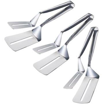 Imagem de kit 3 Espátula Dupla Pinça em Inox Pegador De Frituras Peixes Carnes Pães E Pizza Multifuncional