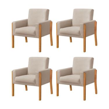 Imagem de Kit 4 Poltronas Sala De Espera Pés Em Madeira Santorini Veludo Bege - Bege