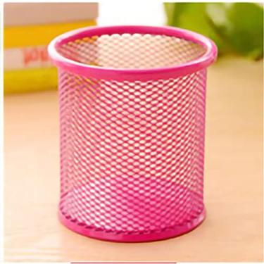 Imagem de Metal Mesh Pen Pen Porta de Desktop Rack de Armazenamento Supplies para Escrever Escovas de Maquiagem de Canetas Pretas (Vermelho redondo)