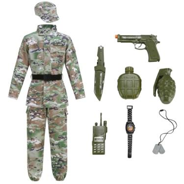 Imagem de yolsun Fantasia camuflada do exército de combate para crianças, fantasia de exército para meninos, uniforme de soldado militar, fantasia de festa de Halloween (camuflagem verde, 12 a 14 anos)