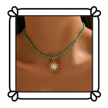 Imagem de DIONFEI Colar requintado de contas turquesa com pingente de cristal dourado sol e lua - gargantilha feminina boêmia, necklace, Metal, Sem Pedra Preciosa