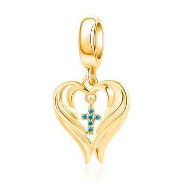 Imagem de QeenseKc Pingente de asa de anjo com pingente de pedra do mês de março compatível com pulseira Pandora presente feminino