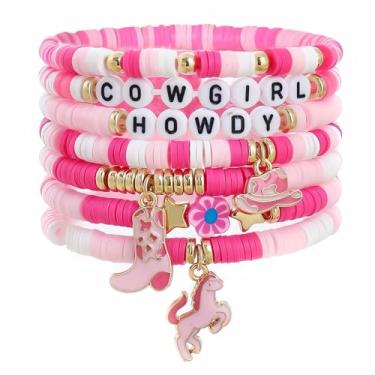 Imagem de LANWLOSI 7 pulseiras de vaqueira rosa para homens Howday chapéu de vaqueira bota de cavalo pulseiras empilháveis elásticas Western Cowboy Carter acessórios, Large, Zinco, Sem Pedra Preciosa