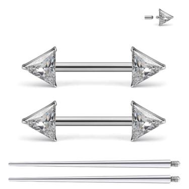 Imagem de Ruifan Piercing de mamilo de titânio roscado internamente anel triangular transparente CZ língua anéis de barra reta piercing corporal joias para mulheres homens 14G 14 mm com cone de piercing reto