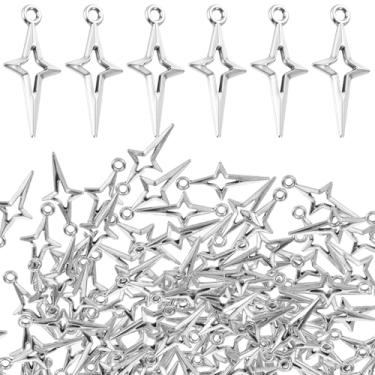 Imagem de QfwdfcTrenz 100 peças de pingentes de estrela de prata vazados de quatro pontas mini pingentes de metal para fabricação de joias para colar, brincos faça você mesmo, pulseiras, suprimentos de