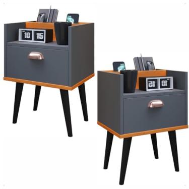 Imagem de Kit com 2 Mesas de Cabeceira Com Pés Retrô 1 Gaveta com Porta Celular e Puxador Concha Milena