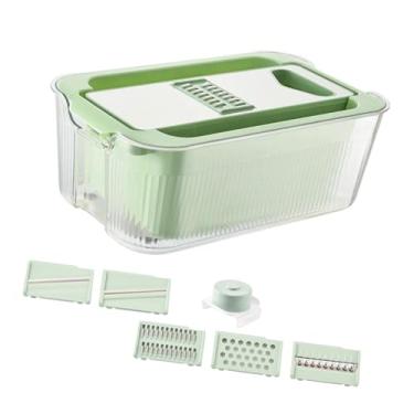 Imagem de IEUDNS Fatiador Mandoline com Cesto de Drenagem para Batata, Cenoura, Ralador de Queijo, Cortador de Frutas Profissional, Fatiador de Vegetais Multifuncional, Verde com 6 Lâminas