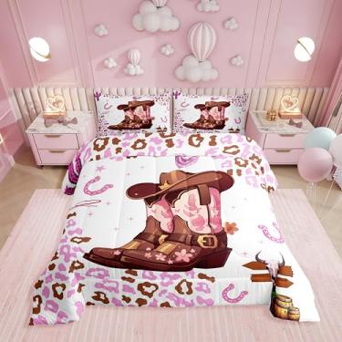 Imagem de Erosebridal Conjunto de cama solteiro, chapéu de cowgirl, estampa de vaca leiteira, rosa, para meninas e adolescentes, edredom de caveira de touro, ferradura ocidental, decoração de quarto de campo, 1