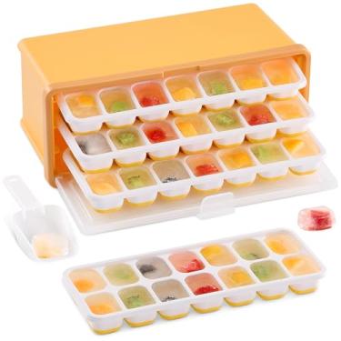 Imagem de Bandeja de gelo com tampa, bandeja de gelo de silicone para freezer com lixeira, bandeja de gelo quadrada de fácil liberação, molde de cubo de gelo de grande capacidade com 3 bandejas para bebidas