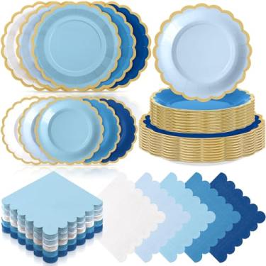 Imagem de Zhehao 150 Pcs Blue Plates and Napkins Tableware Serves 50 Includes 9 Inch 7 Inch Blue Scalloped Edges Paper Plate and Napkins for Wedding Birthday Baby Shower Party