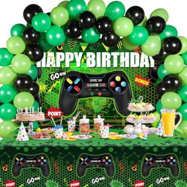 Imagem de Conjunto de decorações para festa de aniversário de videogame, suprimentos para jogos, Happy Birthday inclui pano de fundo de videogame, capas de mesa, balões multicoloridos e balões de alumínio para festa de aniversário (verde e preto)