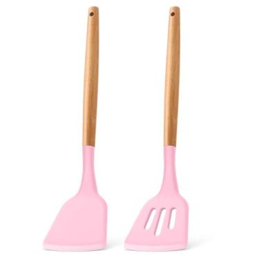 Imagem de E-far Espátula de silicone, pacote com 2 espátulas de cozinha resistentes ao calor para panelas antiaderentes, espátula sólida de borracha para peixes, ovos, panquecas (rosa)