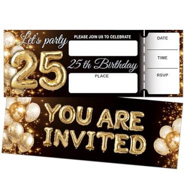 Imagem de Convites de aniversário de 25 anos para mulheres e homens, tema de balão dourado, 20 convites com 20 envelopes, decoração de lembrancinhas de festa com glitter dourado preto (3 × 8 polegadas) A06