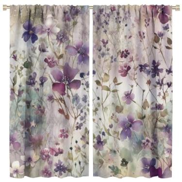 Imagem de Cortinas florais em aquarela, arte abstrata boho vintage, roxa, desenhadas à mão, folhas de flores, plantas, cortinas, isolamento térmico, blecaute, bolso para varão, tratamentos de janela para sala
