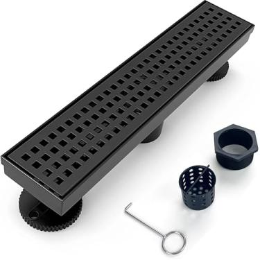 Imagem de Eblog Ralo De Chuveiro Linear Com Tampa Removível 12" Em Aço Inoxidável 304, Piso Retangular Para Cozinha, Banheiro, Furo Quadrado Acessórios, Filtro Cabelo, Pés Niveladores Ajustáveis (Preto Fosco)