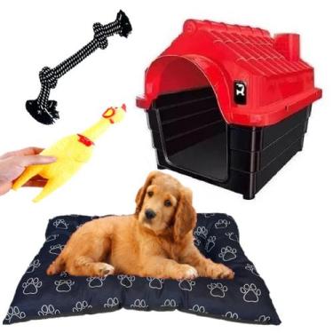 Imagem de Casinha Dog N3 Vermelho + Brinquedos Dog+ Cama Preta Pet - MecPet
