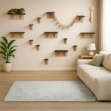 Imagem de BOXFAN Playground Gatos 15 Peças Arranhador Parede Brinquedo Gato Degraus Escada Pontes Prateleira Mdf Diversão Antiestresse Móveis para Gatificação