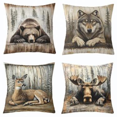 Imagem de Feelyou Capas de almofada vintage de urso 40,6 cm x 40,6 cm, conjunto de 4 fronhas macias para crianças, cabana, veado, caça, para meninos, meninas, adolescentes, fazenda, lobo, alce, animais,