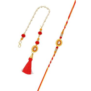 Imagem de Conjunto tradicional Bhaiya Bhabhi Rakhi com Lumba – fio vermelho e amarelo, pérolas falsas e contas de pedra – Presente Raksha Bandhan – Rakhi indiano feito à mão para irmão e cunhada
