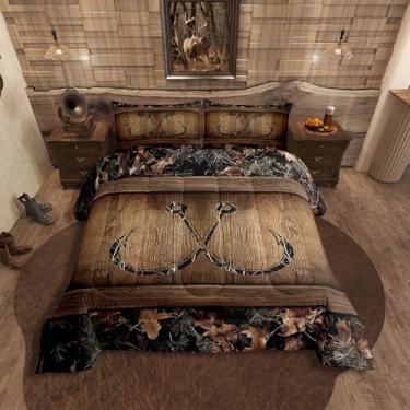 Imagem de Erosebridal Conjunto de edredom rústico de cabana de lago para pesca, fazenda, ramos de árvore, camuflado, anzol, edredom para crianças, meninos, adolescentes, homens, campo, 3 peças