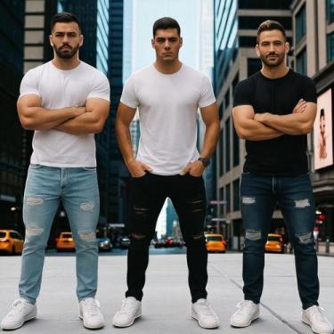 Imagem de Kit 3 Calças JEANS RASGADAS SKINNY Masculinas Casual Elastano Slim Pre