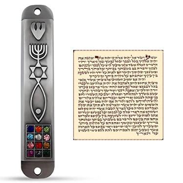 Imagem de Pewter Messianic Mezuzah Case with Scroll for Door 3D Menorah Star Messianic Seal 12 Tribes of Israel 4 Inch_AB