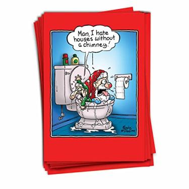 Imagem de 12 cartões de Natal em caixa "Casa sem chaminé" com envelopes (4,75 x 6,625 polegadas), notas engraçadas de Natal de desenho animado de Papai Noel, Papai Noel e seu ajudante no banheiro B5892