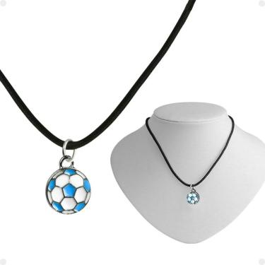 Imagem de Colar Infantil Menino Cordão + Pingente Bola Futebol Premium Azul Ajustavel Presente Unissex Moda