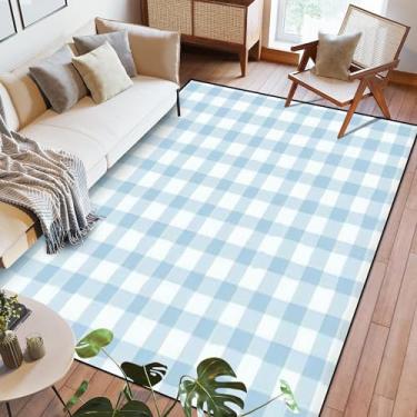 Imagem de Tapete de área azul guingão sem costura, textura de listras aquarela, lavável na primavera, tapetes grandes de 1,8 x 2,7 m, para quarto, cozinha, sala de estar, antiderrapante, tapetes macios para