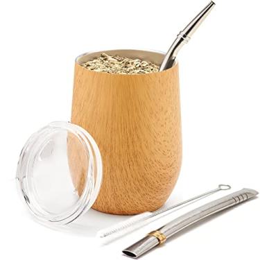 Imagem de BALIBETOV 5 pcs large Yerba Mate Cup and Bombilla Kit, Includes one 12 oz Yerba Mate Gourd with Lid, Two Bombillas Mate Straw and one cleaning brush | Stainless steel | Double Walled