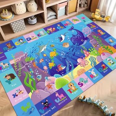 Imagem de LTKOUGFAM Tapete infantil para área de jogos, tapete de bebê com estampa animal, tapete educacional ABC - macio, não tóxico, azul, 47 x 31 cm